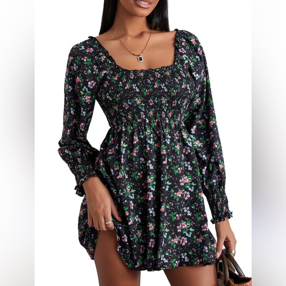 The Norah Floral Long Sleeve Square Neck Mini Nap Dress Size XXS Feminine - Picture 9 of 15